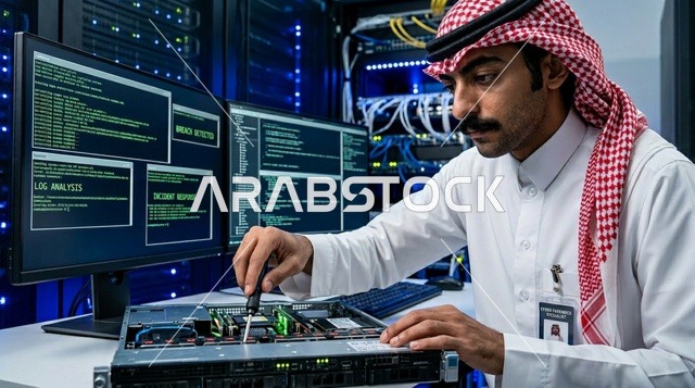 Saudi IT Engineer Repairing Server Rack in Data Center