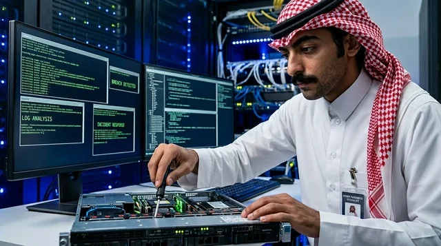 Saudi IT Engineer Repairing Server Rack in Data Center