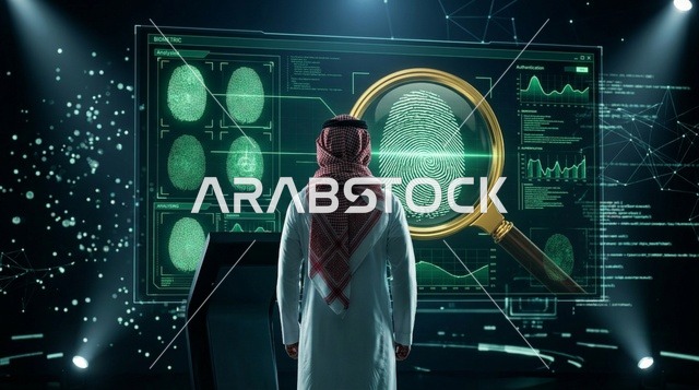 رجل سعودي يحلل البيانات الحيوية على شاشة رقمية ذكية