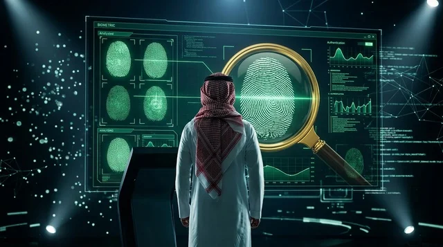 رجل سعودي يحلل البيانات الحيوية على شاشة رقمية ذكية