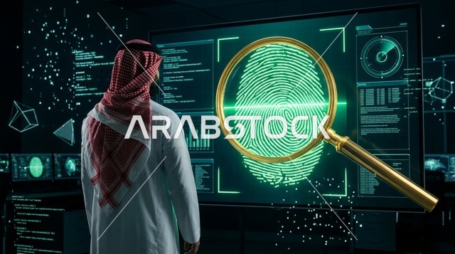 رجل سعودي يحلل بصمة الإصبع البيومترية على شاشة رقمية