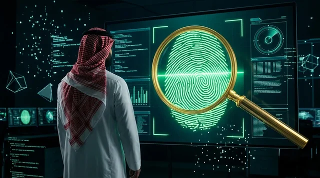 Saudi Man Analyzing Biometric Fingerprint on Digital Screen