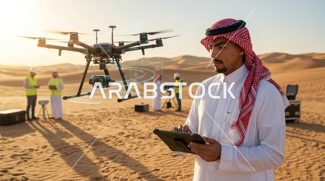 مهندس سعودي يرتدي الزي التقليدي ويتحكم بطائرة درون