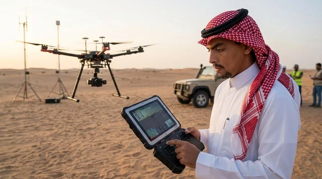 رجل سعودي بالزي التقليدي يشغل طائرة درون في الصحراء
