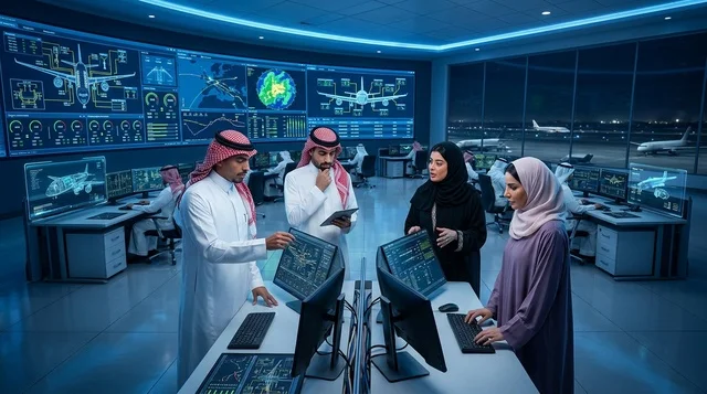 مهندسو طيران سعوديون في غرفة تحكم المطار المتطورة