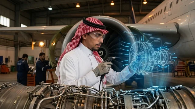 مهندس طيران سعودي يفحص محرك طائرة بتقنية الهولوغرام