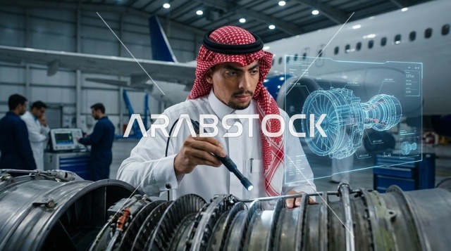 مهندس طيران سعودي يفحص محرك طائرة في حظيرة طائرات