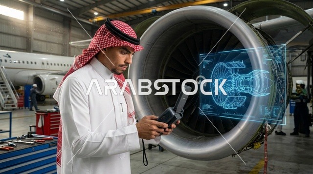 مهندس طيران سعودي يفحص محرك طائرة بالهولوغرام