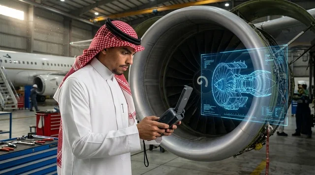 مهندس طيران سعودي يفحص محرك طائرة بالهولوغرام