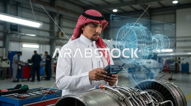 مهندس طيران سعودي يفحص محرك الطائرة بالهولوغرام