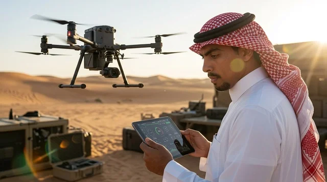 رجل سعودي بالزي التقليدي يشغل طائرة درون في الصحراء