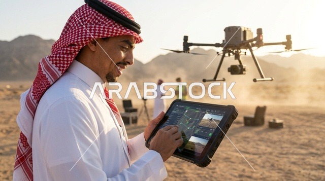مهندس سعودي يتحكم بطائرة درون عبر جهاز لوحي بالصحراء
