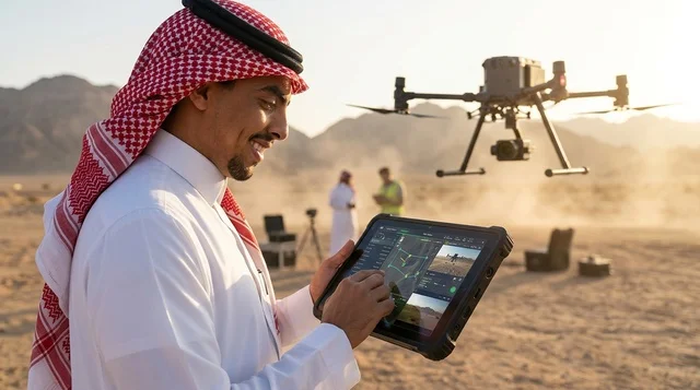 مهندس سعودي يتحكم بطائرة درون عبر جهاز لوحي بالصحراء