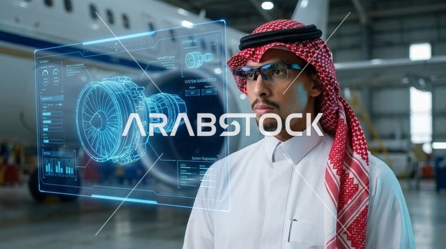 مهندس سعودي يفحص مجسم طائرة هولوغرام في حظيرة طيران