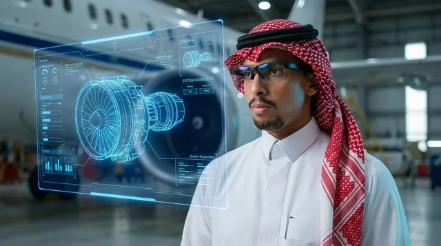 مهندس سعودي يفحص مجسم طائرة هولوغرام في حظيرة طيران