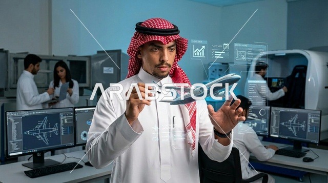 مهندس طيران سعودي يتفاعل مع مجسم هولوجرام لطائرة