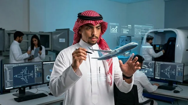 مهندس طيران سعودي يتفاعل مع مجسم هولوجرام لطائرة