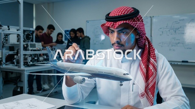 طالب هندسة طيران سعودي يفحص نموذج طائرة في المختبر الجامعي