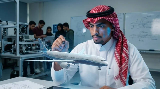 طالب هندسة طيران سعودي يفحص نموذج طائرة في المختبر الجامعي