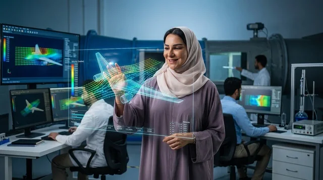 Saudi Female Engineer with Hologram in Aerospace Lab