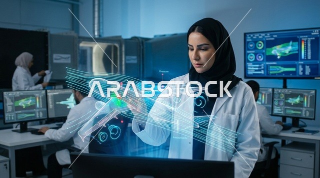 عالمة سعودية تحلل هولوجرام ثلاثي الأبعاد لطائرة