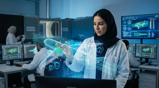 عالمة سعودية تحلل هولوجرام ثلاثي الأبعاد لطائرة