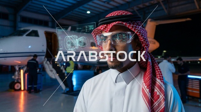Saudi Engineer Using AR Glasses in Aviation Hangar