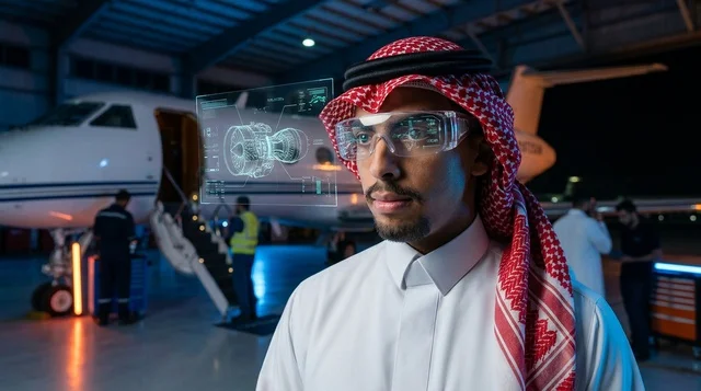 Saudi Engineer Using AR Glasses in Aviation Hangar