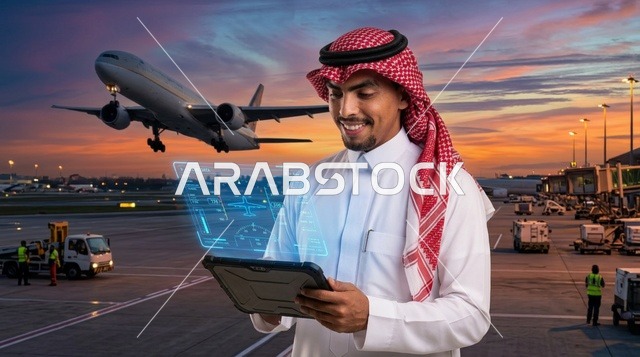 Saudi Man with Tablet at Airport during Sunset