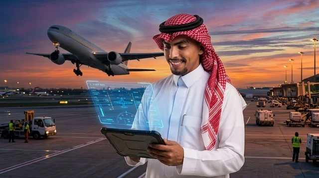 رجل سعودي يستخدم جهاز لوحي في المطار وقت الغروب