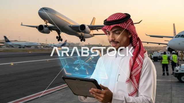 مهندس طيران سعودي مع جهاز لوحي في المطار وقت الغروب