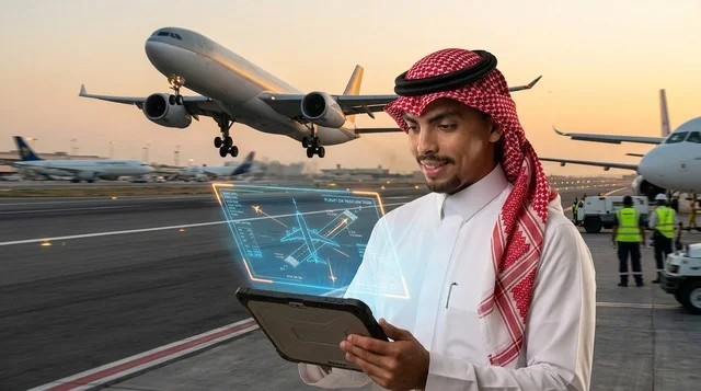 مهندس طيران سعودي مع جهاز لوحي في المطار وقت الغروب