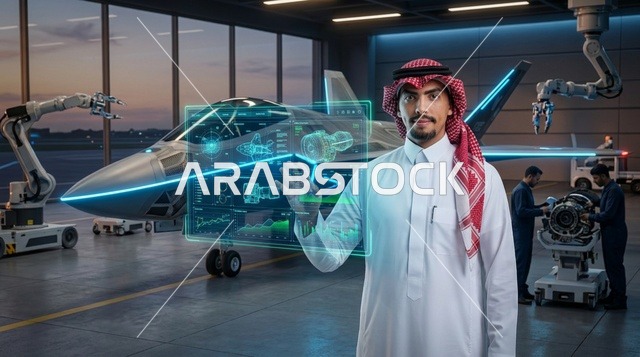 مهندس سعودي مع هولوغرام في حظيرة طائرات مقاتلة