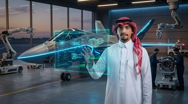 Saudi Engineer with Hologram in Fighter Jet Hangar