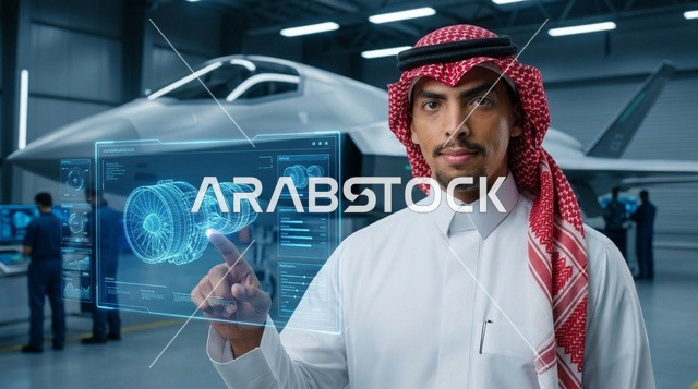 Saudi Engineer with Holographic Tech in Aviation Hangar
