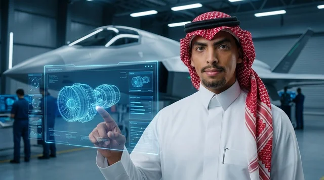 Saudi Engineer with Holographic Tech in Aviation Hangar