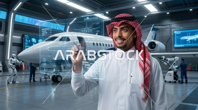 مهندس طيران سعودي مع شاشة هولوغرام في حظيرة طائرات
