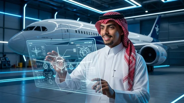 رجل سعودي بالزي التقليدي مع هولوجرام طيران تفاعلي