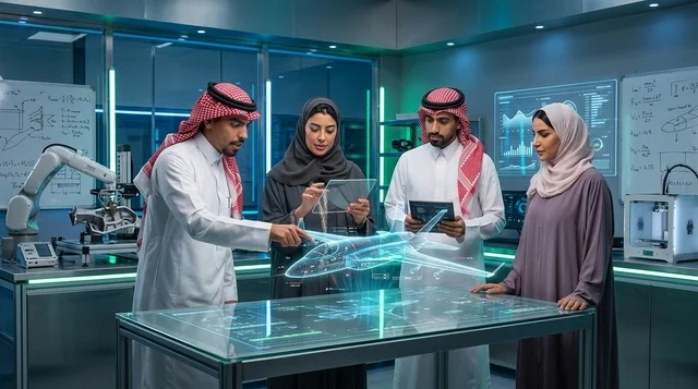 مهندسون سعوديون يفحصون مجسم طائرة هولوجرام ثلاثي الأبعاد