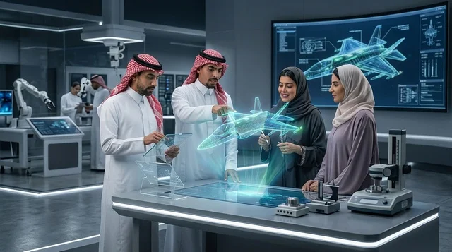 مهندسون سعوديون يفحصون هولوغرام طائرة في مختبر تقني