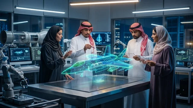 مهندسون سعوديون يدرسون مجسم طائرة مقاتلة هولوغرام