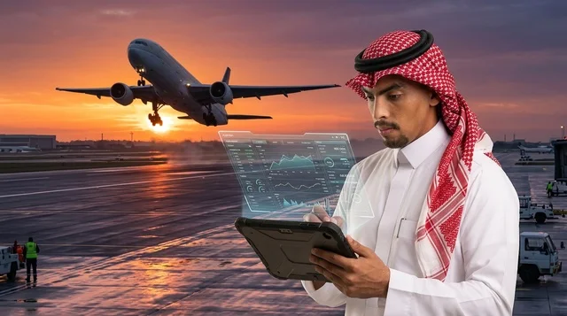 رجل أعمال سعودي يستخدم جهاز لوحي في المطار وقت الغروب