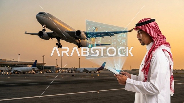 رجل سعودي يستخدم تقنية الهولوغرام في المطار وقت الغروب