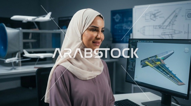 مهندسة طيران عربية بالحجاب في مختبر التصميم الهندسي