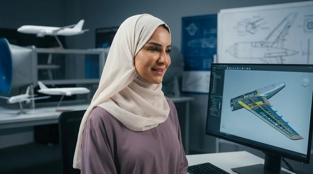 Arab Female Aerospace Engineer with Hijab in Design Lab