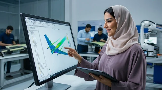 مهندسة طيران عربية بالعباية والحجاب في مختبر تقني