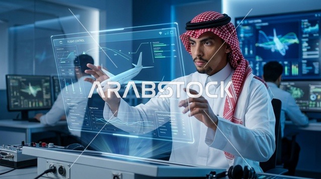 Saudi Engineer Using Futuristic Aviation Hologram Screen