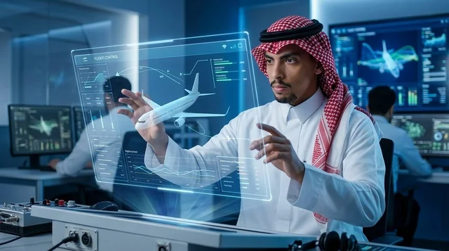 مهندس سعودي يستخدم شاشة هولوغرام طيران مستقبلية