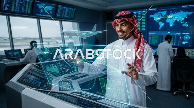 مراقب جوي سعودي يتفاعل مع شاشة هولوغرام مستقبلية