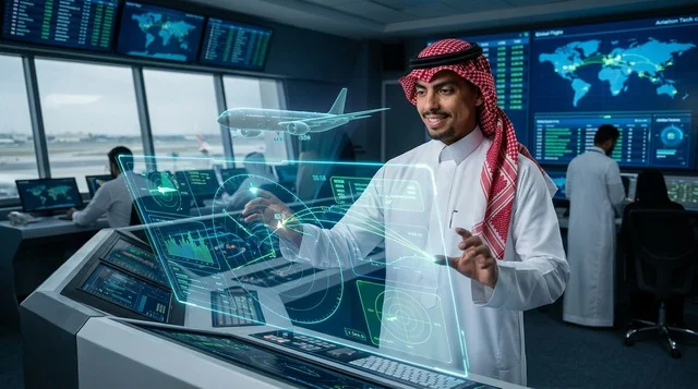 مراقب جوي سعودي يتفاعل مع شاشة هولوغرام مستقبلية